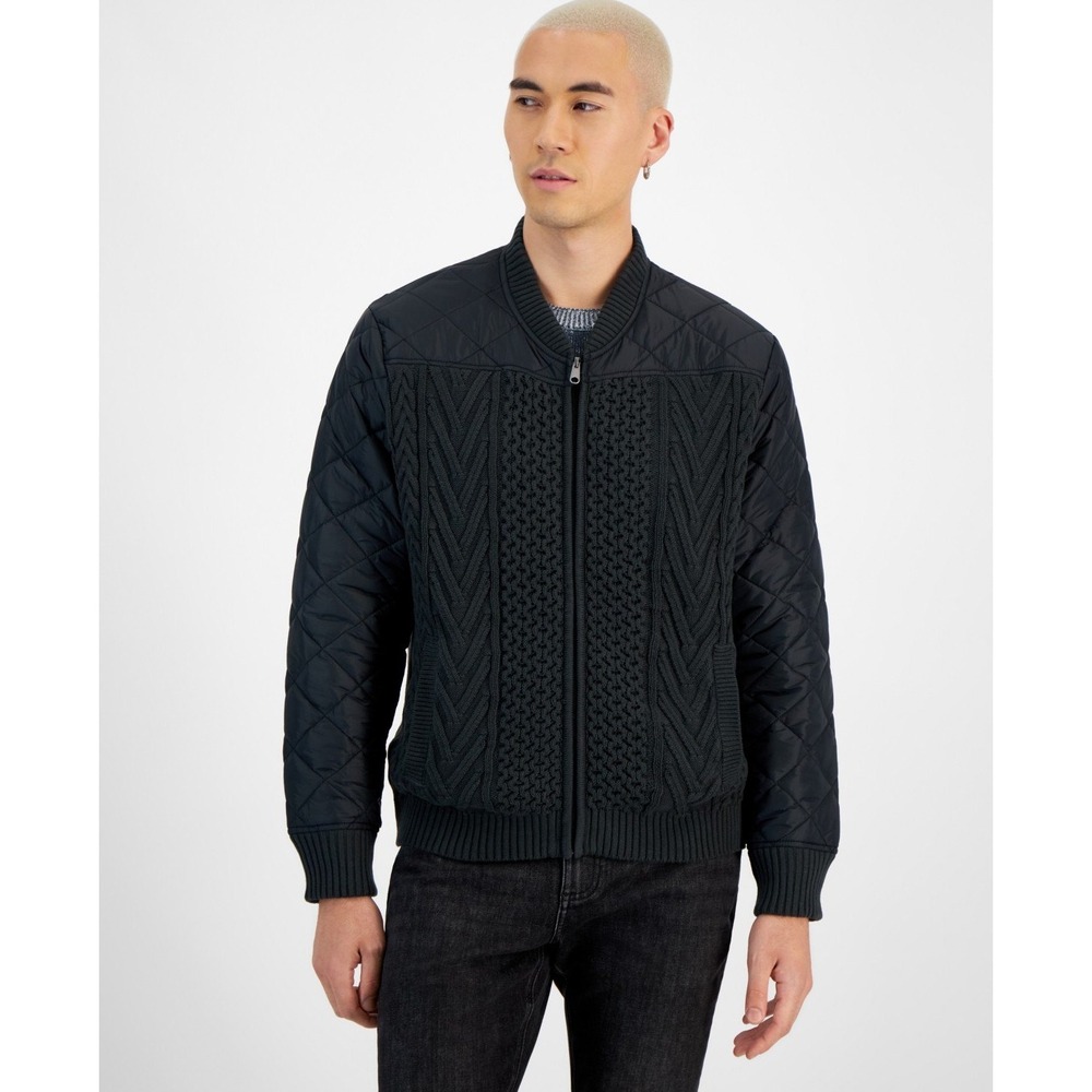 Sun + Stone Mens Mixed Media Quilted Cable Knit Sweater Jacket‎ Black Shadow XXL